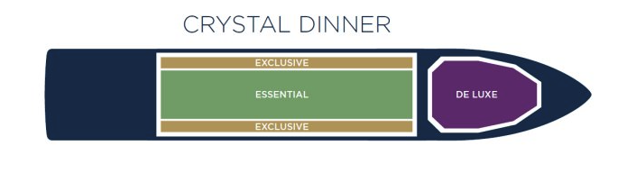 Crystal Dinner seating plan — Essential (green centre), Exclusive (gold strips by the windows) and De Luxe (premium saloon at the bow)